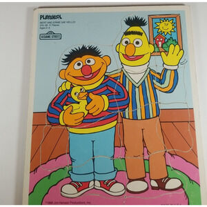 Vintage Wooden Board Puzzle Playskool Bert and Ernie Say Hello! 11 Piece 1988